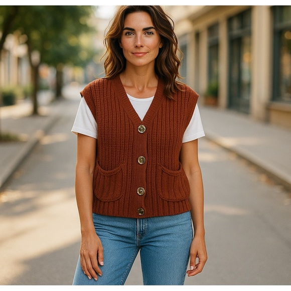 UEU Chunky Crop Knit Red Sweater Vest SZ L Women Western Streetwear Open Pockets - Picture 1 of 5